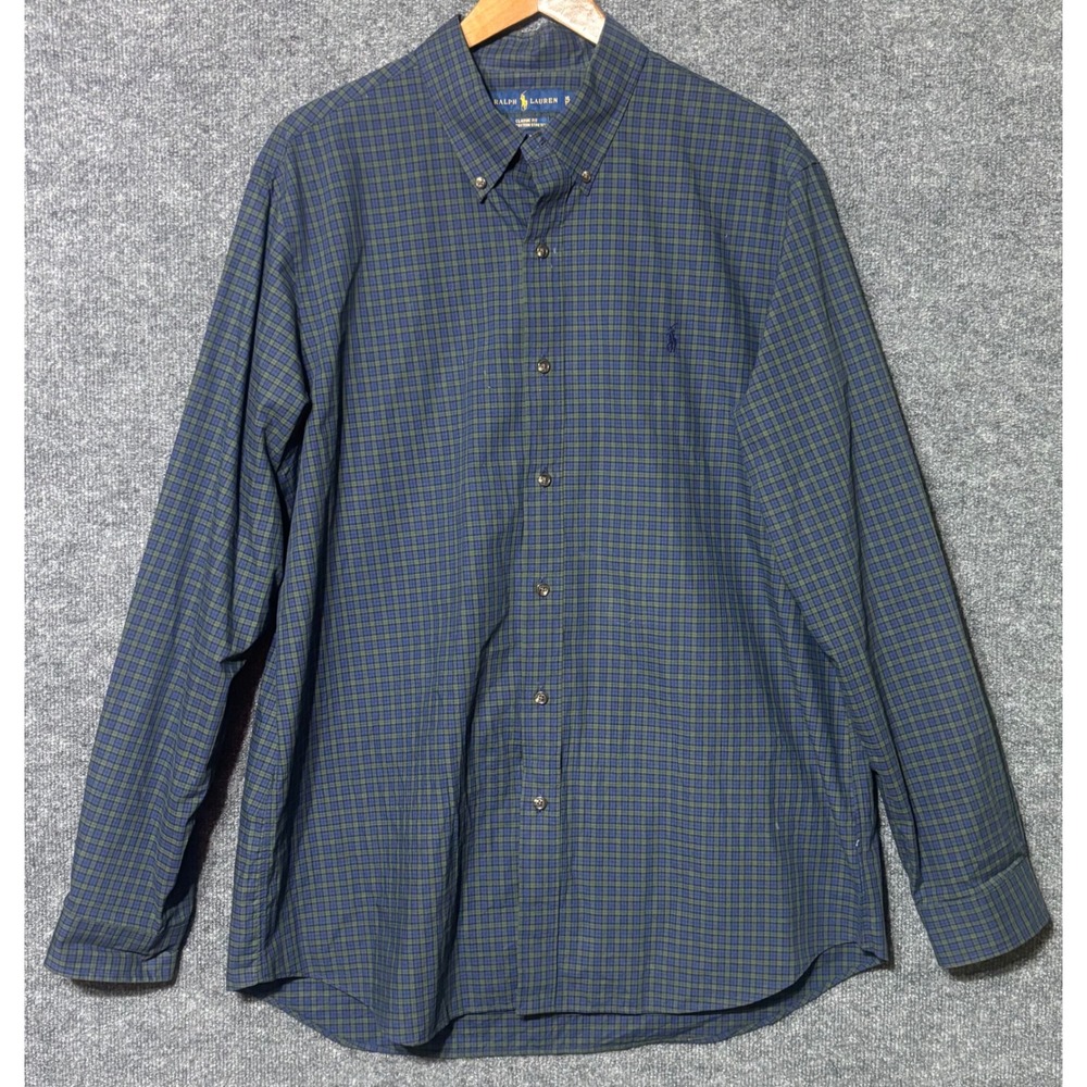 Ralph Lauren Long Sleeve Button Down Shirt Green Blue Plaid Classic Fit Men's XL
